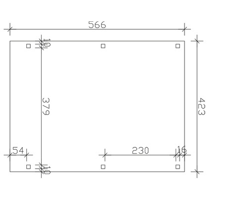 Dessin technique avec dimensions d''une plaque rectangulaire: 566 mm de large, 423 mm de haut, trous avec distances.