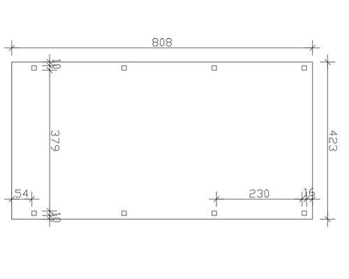 Dessin technique avec dimensions : longueur 808, largeur 423, hauteur 379