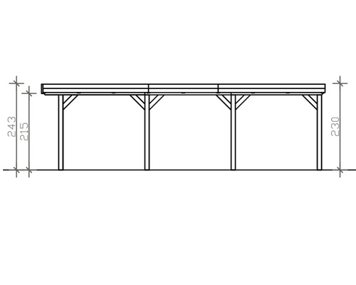 Illustration d''une pergola en bois avec des dimensions de 243 centimètres de hauteur, 215 centimètres de hauteur et 230 centimètres de hauteur de poteau.