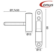 Technische Zeichnung eines Bolzenriegels mit Maßangaben und Onus Logo