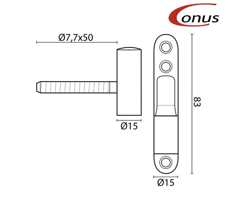 Technische Zeichnung eines Bolzenriegels mit Maßangaben und Onus Logo
