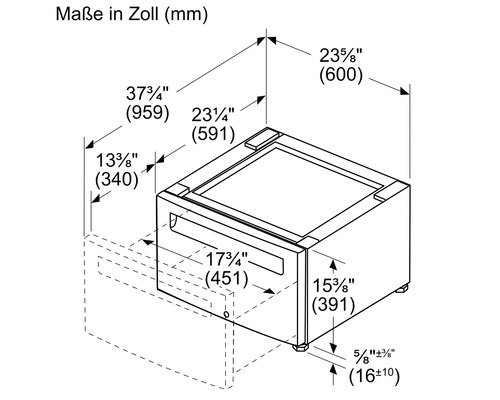 Masszeichnung eines Gerätes mit Massangaben in Zoll und Millimeter