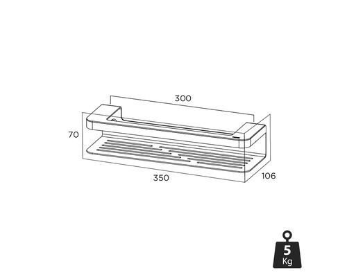 Dessin technique d''une étagère de salle de bain avec indications de dimensions et indication de poids