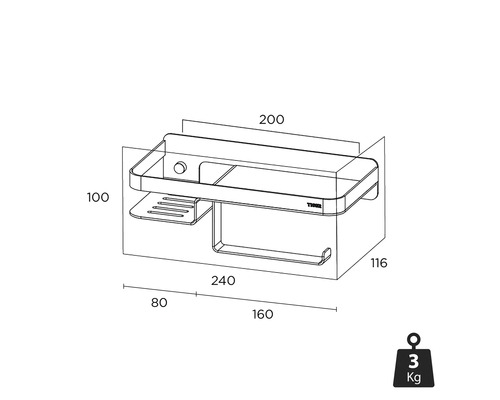 Schéma technique d''une étagère de salle de bains avec porte-serviettes et dimensions