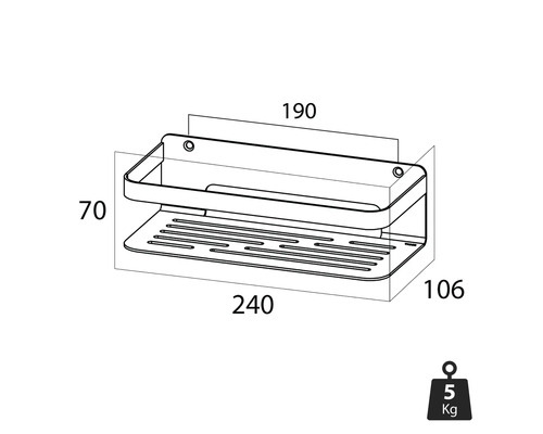 Abmessungen eines Duschregals: 240 x 190 x 70 mm, Tiefe: 106 mm, maximale Belastung: 5 kg.
