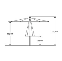 Technische Zeichnung eines Sonnenschirms mit den Maßen 275 cm Höhe, 215 cm Schirmhöhe und 92 cm Durchgangshöhe