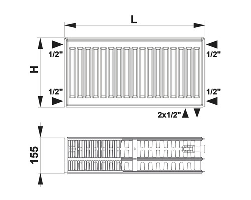 Dimensions d''un radiateur avec indications de hauteur, de longueur et de raccordement