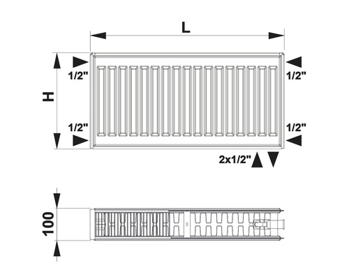 Radiateur plat ROTHEIGNER type DK (22) 6 connexions (en bas à droite ou latéral) 300 x 2600 mm