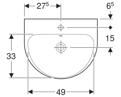 Technische Zeichnung eines Waschbeckens mit Maßangaben