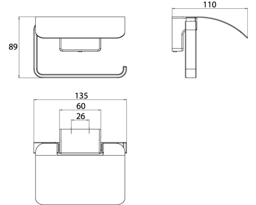 Technische Zeichnung eines Toilettenpapierhalters mit Maßangaben