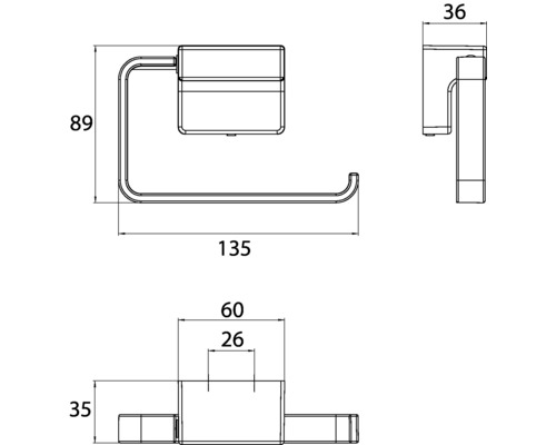 Technische Zeichnung eines Toilettenpapierhalters mit Maßangaben