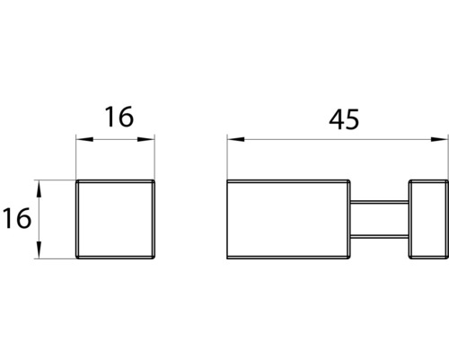 Technische Zeichnung eines Wandhakens mit den Massen 16 und 45 Millimeter