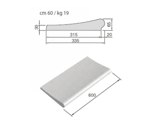 Technische Zeichnung und Produktabbildung einer Beckenrandplatte, 60 cm
