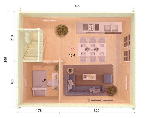 Plan d''un chalet de jardin avec salon, cuisine, chambre et escalier menant à l''étage supérieur avec dimensions