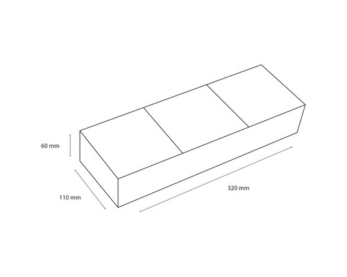 Technische Zeichnung einer Pflanzkiste mit den Maßen 320 mm Länge, 110 mm Breite und 60 mm Höhe.