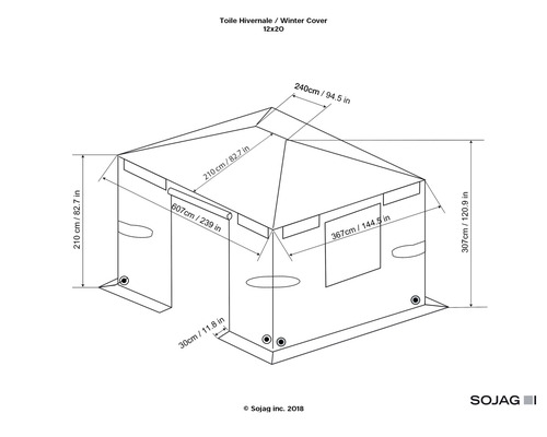 Technische Zeichnung einer Winterabdeckung für ein Gartenhaus mit Maßangaben