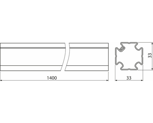 Technische Zeichnung eines Profils mit den Maßen 1400 x 33 x 33 Millimeter.