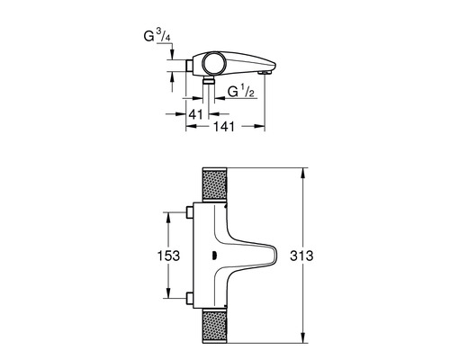 Technische Zeichnung eines Wasserhahns mit Maßangaben