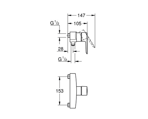 Technische Zeichnung einer Armatur mit Maßangaben