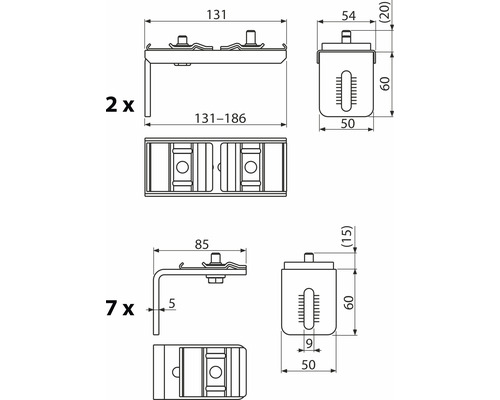 Technische Zeichnung mit Massangaben für Möbelverbinder
