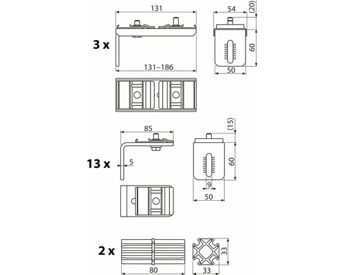 Technische Zeichnung verschiedener Bauteile mit Maßangaben
