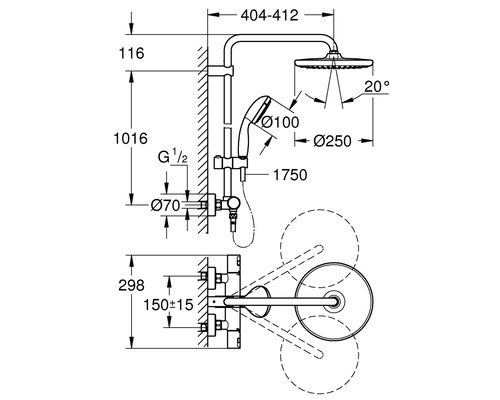 Schéma coté d''un ensemble de douche avec douche de tête et douchette à main, avec toutes les dimensions.