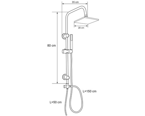 Image d''une colonne de douche avec indications de dimensions : hauteur 80 cm, pomme de douche 20 cm, projection 35 cm, longueur du flexible 150 cm et 50 cm.