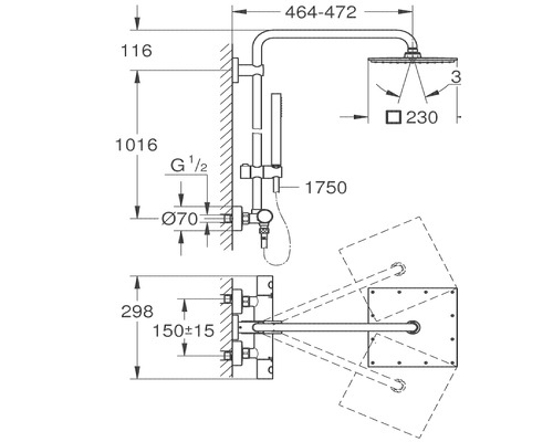 Schéma technique d''un système de douche avec dimensions.