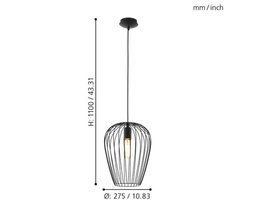 Hängeleuchte mit Drahtschirm und Maßangaben