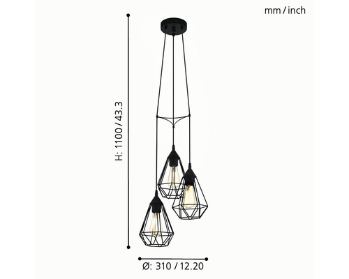 Suspension avec trois lampes aux formes géométriques