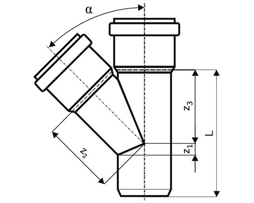 Schéma technique d''un embranchement de tuyau d''évacuation avec indications d''angle et de dimensions