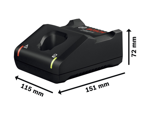 Chargeur Bosch mesurant 115 mm sur 151 mm sur 72 mm