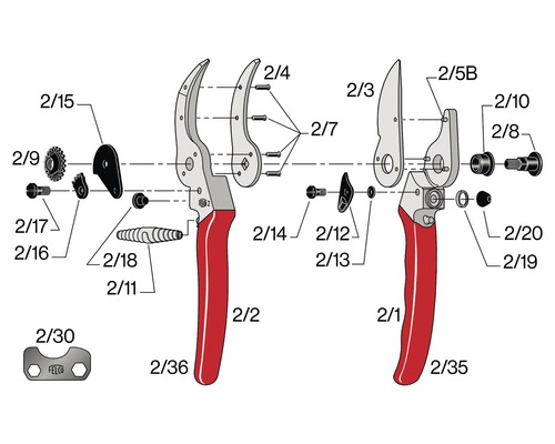 Schéma éclaté d''un sécateur avec pièces détachées