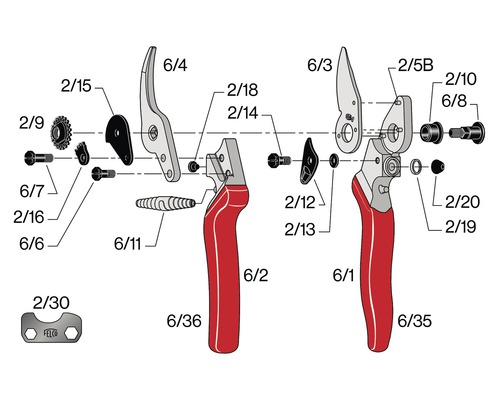 Schéma éclaté d''un sécateur avec pièces détachées et numéros
