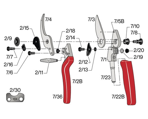 Schéma éclaté d''un sécateur avec pièces détachées
