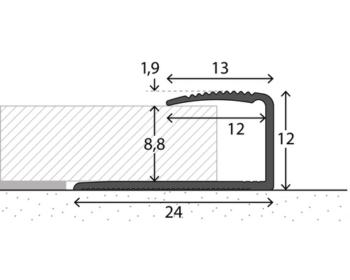 Technische Zeichnung eines Treppenkantenprofils mit Maßen