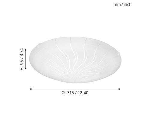 Deckenleuchte mit Durchmesser 315 Millimeter und Höhe 95 Millimeter.