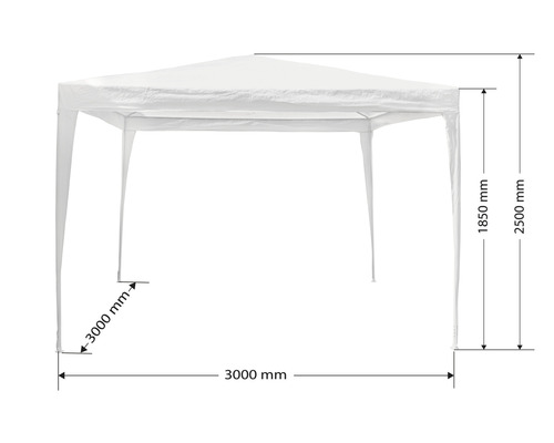 Pavillon avec des dimensions de 3000 mm x 3000 mm et une hauteur de 1850 mm à 2500 mm.