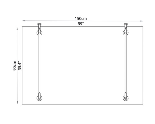 Technische Zeichnung einer Duschwand mit den Maßen 150 cm mal 90 cm.