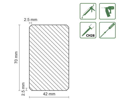 Technische Zeichnung eines Holzprofils mit den Maßen 70 mm Höhe, 42 mm Breite und 2.5 mm Kantenradius, sowie Symbole für geeignete Werkzeuge