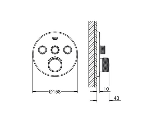 Dessin technique du mitigeur encastré Grohe SmartControl avec indication des dimensions
