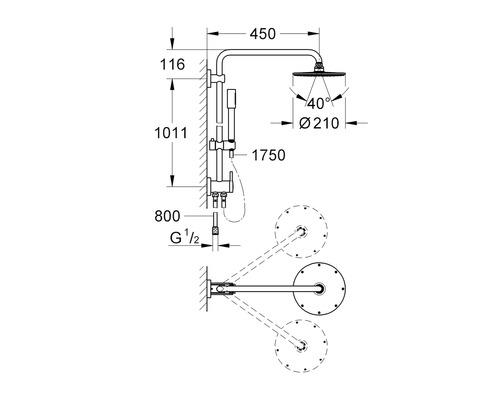 Technische Zeichnung einer Duschgarnitur mit Maßangaben