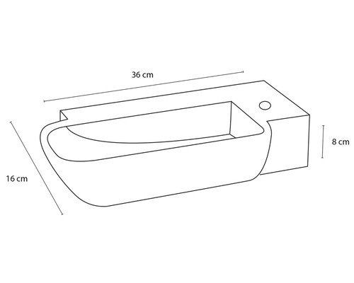 Technische Zeichnung eines Waschbeckens mit den Maßen 36 cm Breite, 16 cm Tiefe und 8 cm Höhe.