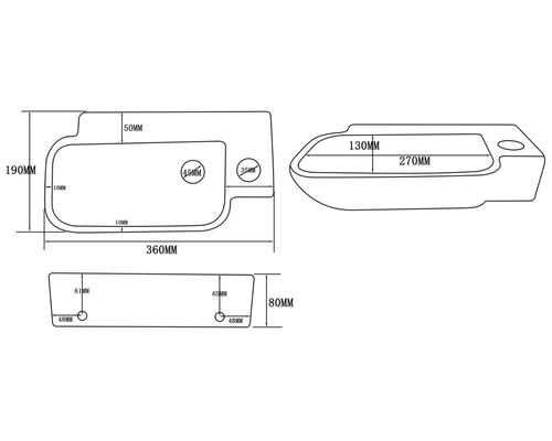 Technische Zeichnung eines Waschbeckens mit Maßangaben