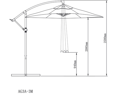 Schéma technique d''un parasol avec mât latéral et dimensions