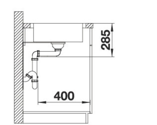 Schéma d''un évier avec tuyaux de drainage et dimensions