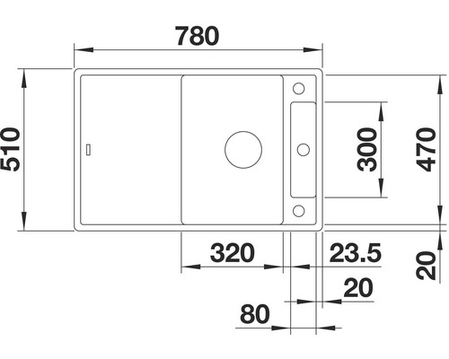 Schéma technique d''un évier de cuisine avec indication des dimensions.
