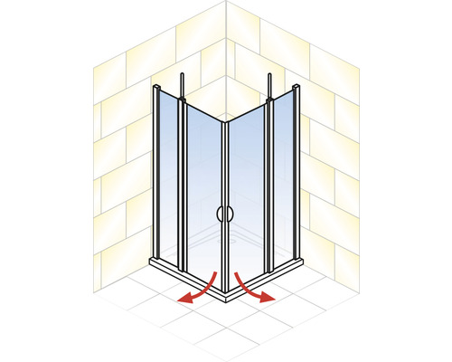 Eckdusche mit nach aussen öffnenden Türen.