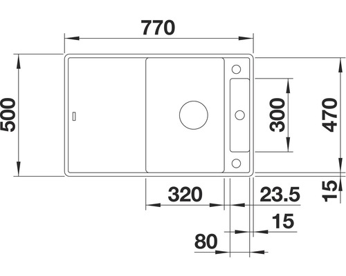 Dimensionszeichnung einer Spüle mit den Maßen 770 x 500 Millimeter.