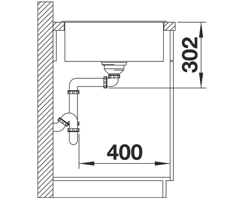 Schéma d''un évier avec les dimensions 302 et 400 pour les détails d''installation